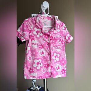 Barbie Girls 4T Pink Short Sleeve Flame Resistant Pajama Set Button Bow Accents